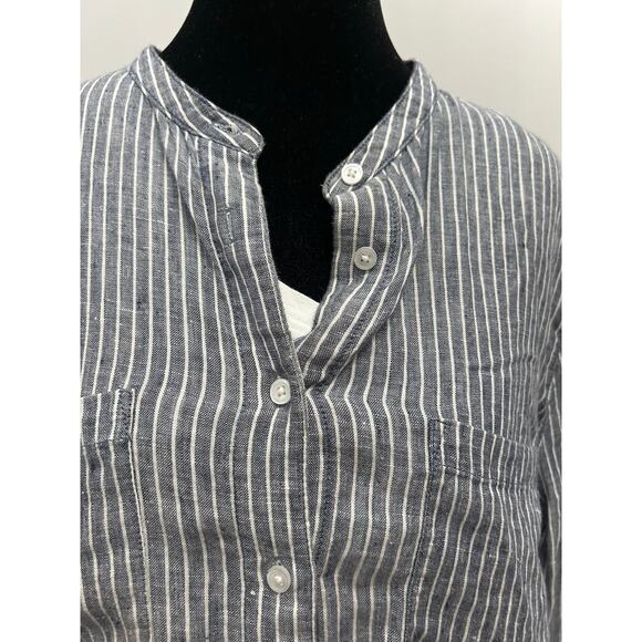 Lands' End Women's Linen Blend Striped Band Collar Tunic Top Roll Sleeve Large - Picture 4 of 5